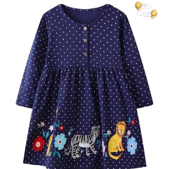 NEW Toddler Girls Polka Dot Safari Embroidered Dress 2T 3T 4T 5T 6 - Picture 1 of 5